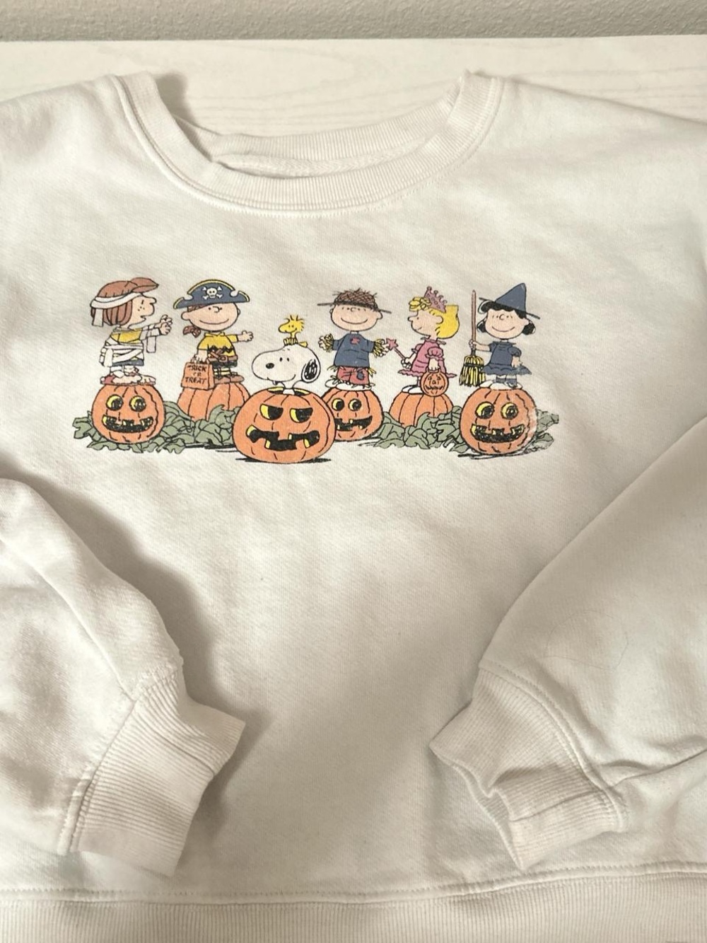 White Kids Halloween Peanuts Character Sweatshirt — Cute Pumpkin Graphic